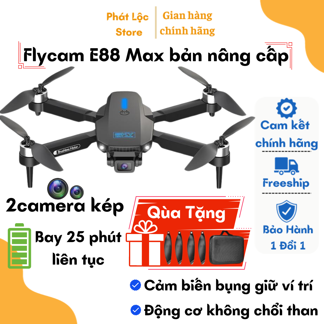 Flycam Mini Giá Rẻ Drone E88 MAX Fly cam Động Cơ Không Chổi Than Play Camera Cao Cấp 2 Camera 12MP Pin Lithium 1800mAh bay 20 Phút