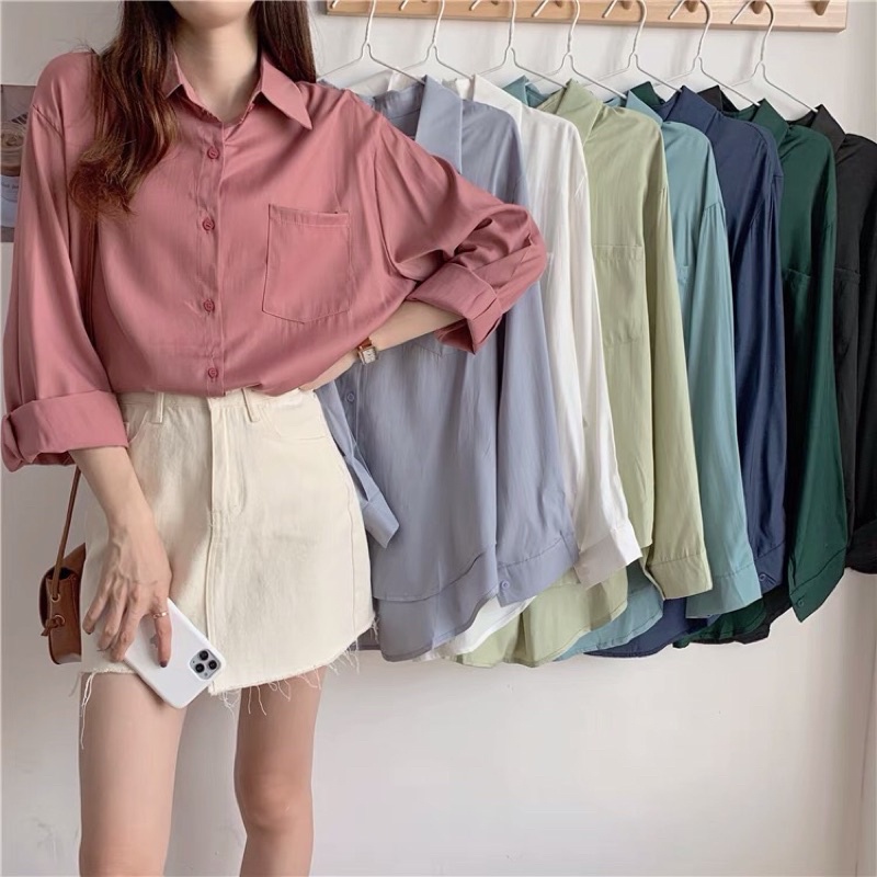 áo sơ mi nữ form rộng tay dài kiểu hàn áo sơ mi nữ trắng 1 túi đơn giản trẻ trung