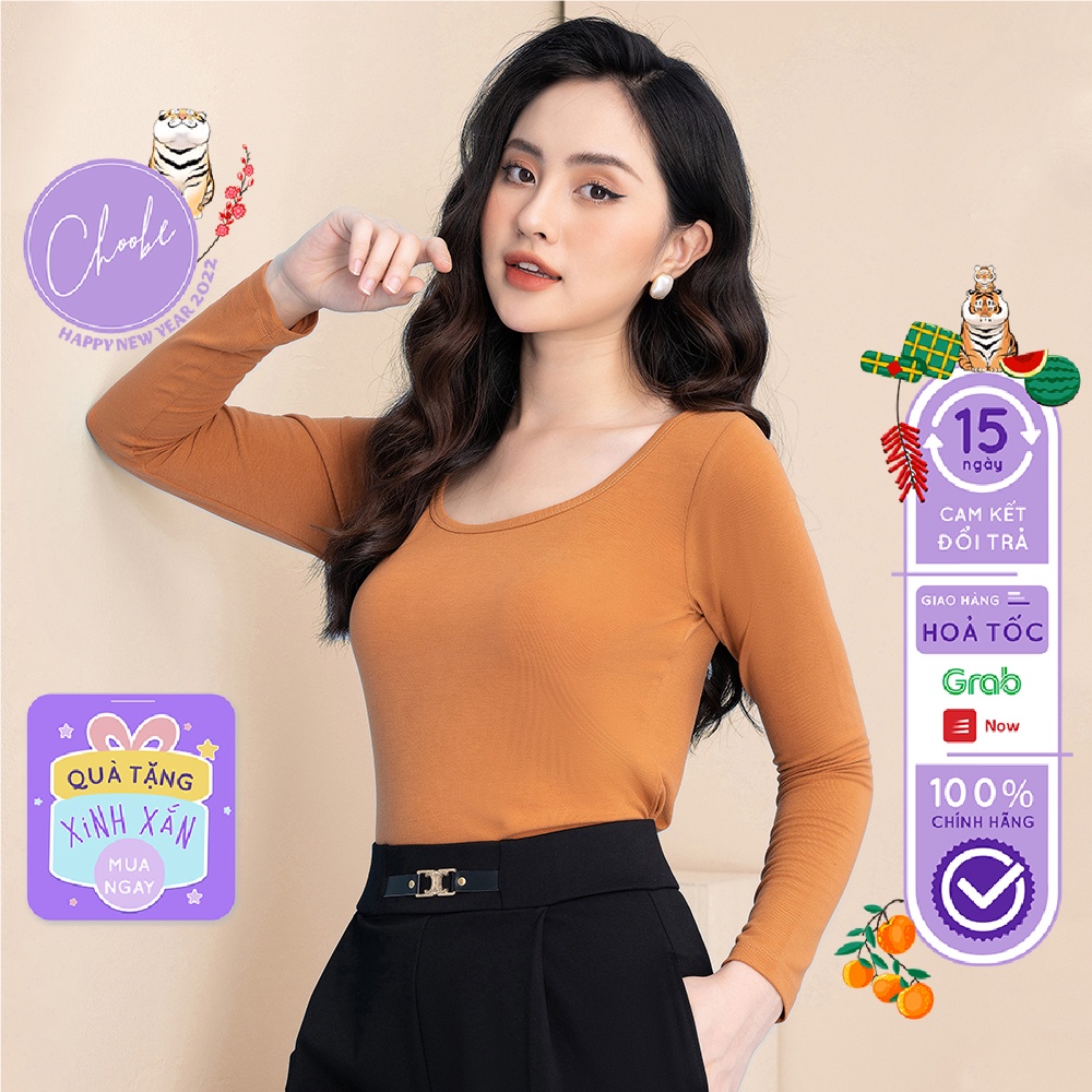 Áo phông nữ Choobe tay dài dáng ôm body vải thun cotton mềm mỏng trơn cổ tròn rộng co giãn tốt A40