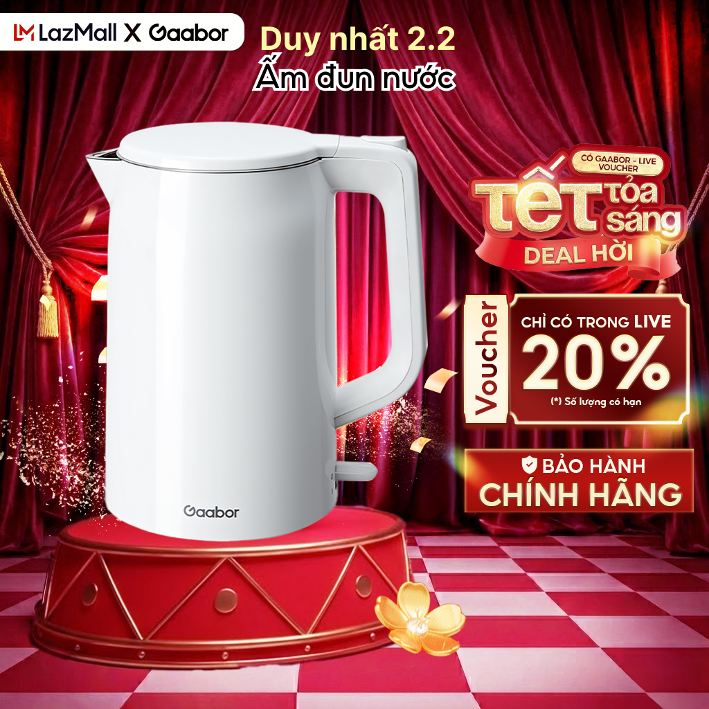 Ấm đun nước siêu tốc Gaabor EK20M-WH01A dung tích lớn 2L công suất 1500W lòng ấm inox 304 - Bảo hành