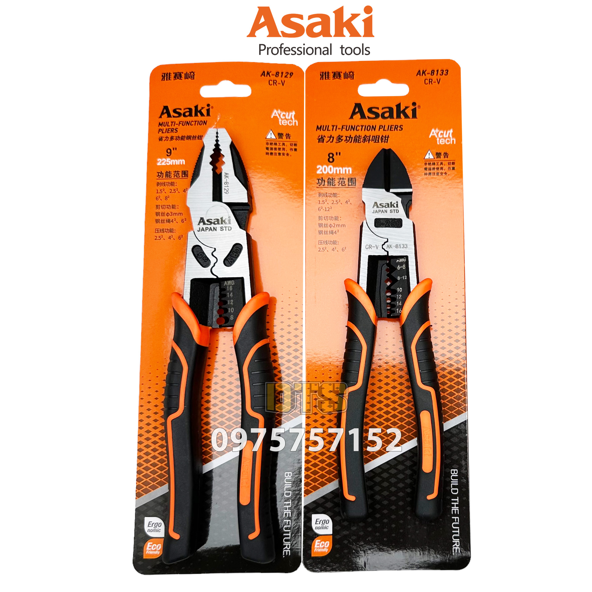 Kìm đa năng kết hợp công nghiệp chính hãng Asaki JAPAN STD Kềm tổ hợp đa chức năng thép cao cấp CR-V