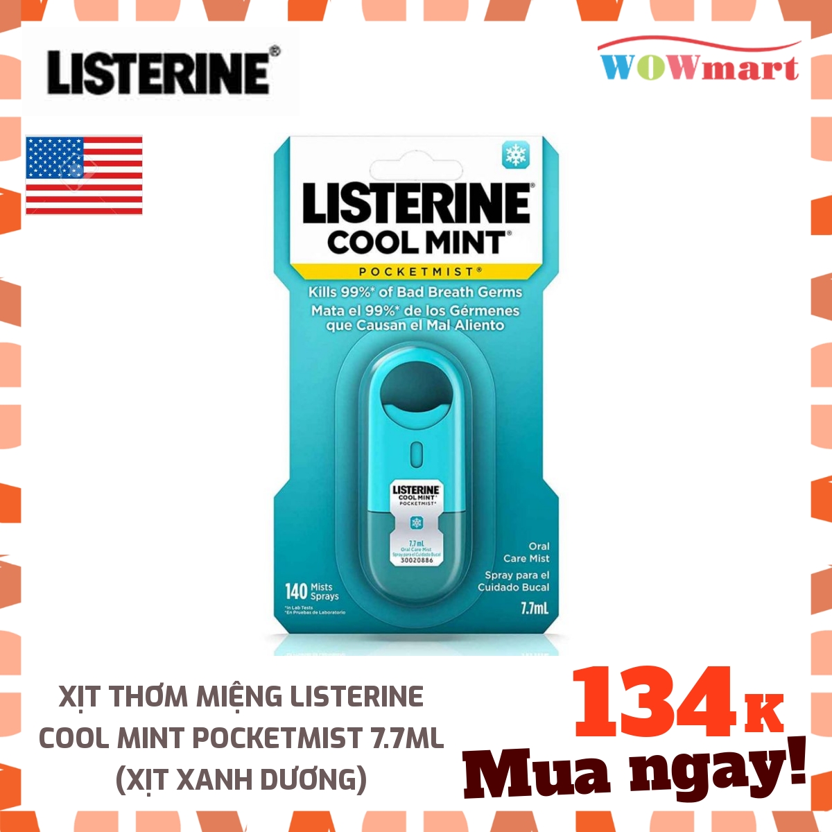 Xịt thơm miệng Listerine Cool Mint Pocketmist 7.7ml (Xịt xanh dương) - [MỸ]
