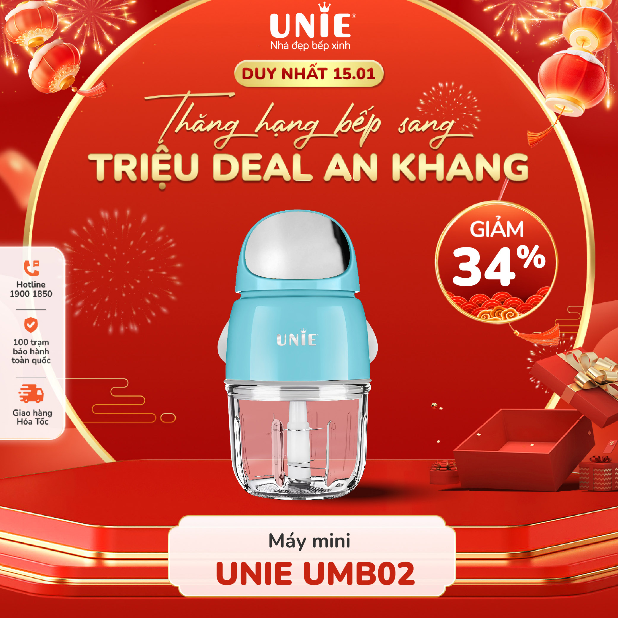 Máy xay đa năng cối thủy tinh Unie UMB02 công suất 200W vượt trội xay được mọi thực phẩm xay đá xay 