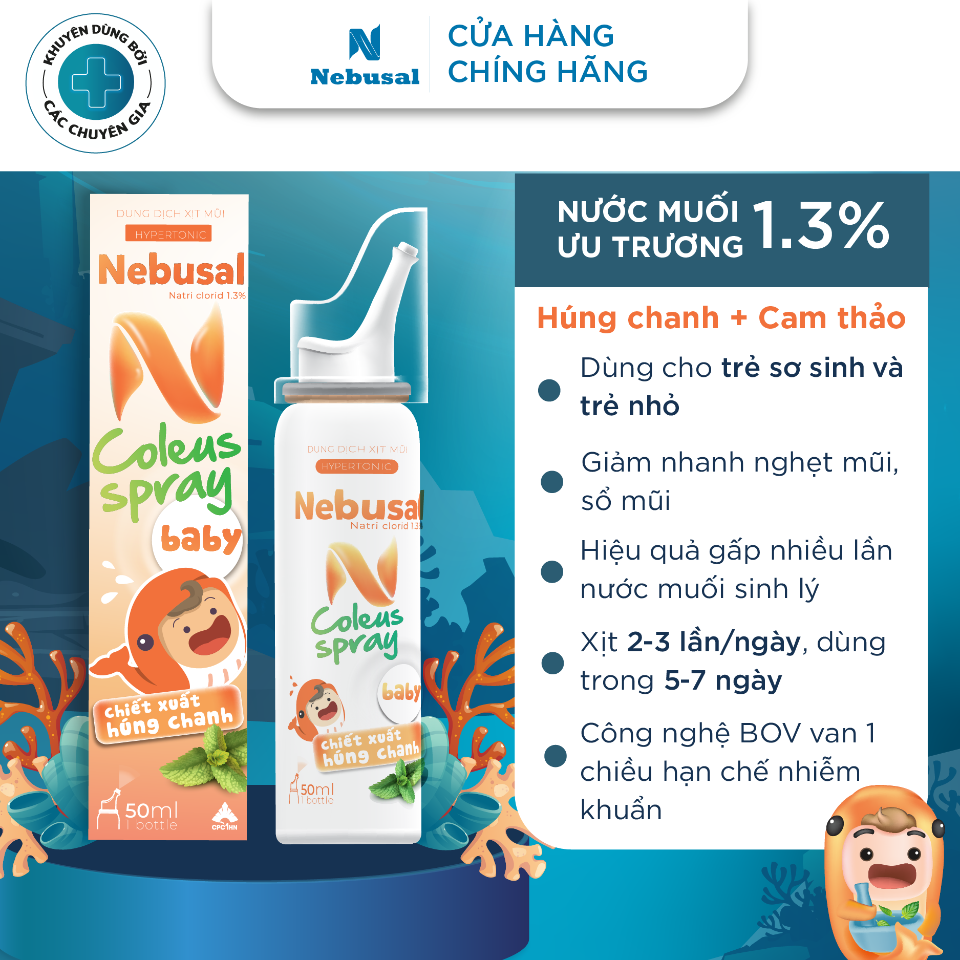 Xịt Mũi Cho Bé NEBUSAL Coleus Húng Chanh Ưu Trương Giảm Nghẹt Mũi Sổ Mũi Cảm Lạnh Chai 50ml