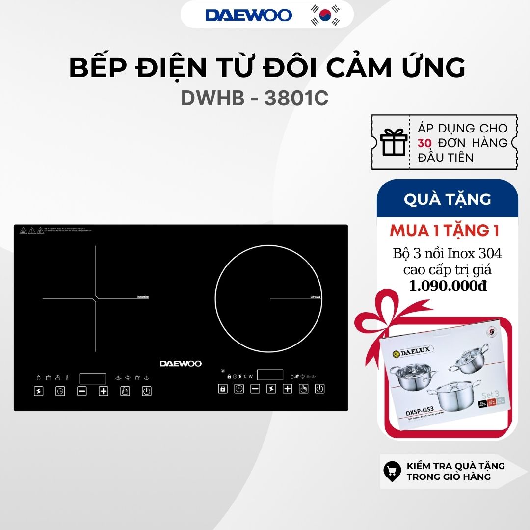 [Tặng bộ 3 nồi Inox cao cấp] Bếp Đôi Điện Từ Hồng Ngoại Daewoo DWHB-3801C mặt kính pha lê bóng 3800W