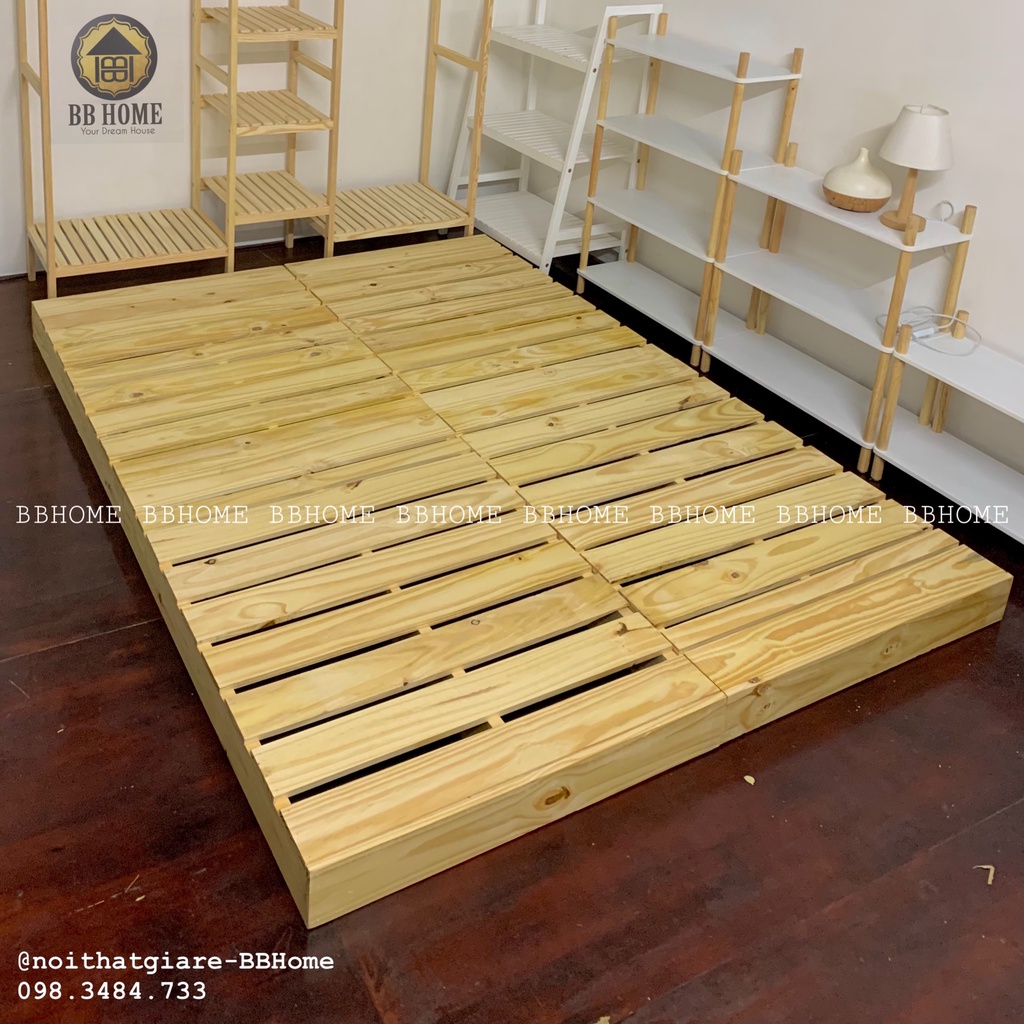 Giường pallet gỗ thông mới 100% BBHome - Sơn PU nan gỗ dày