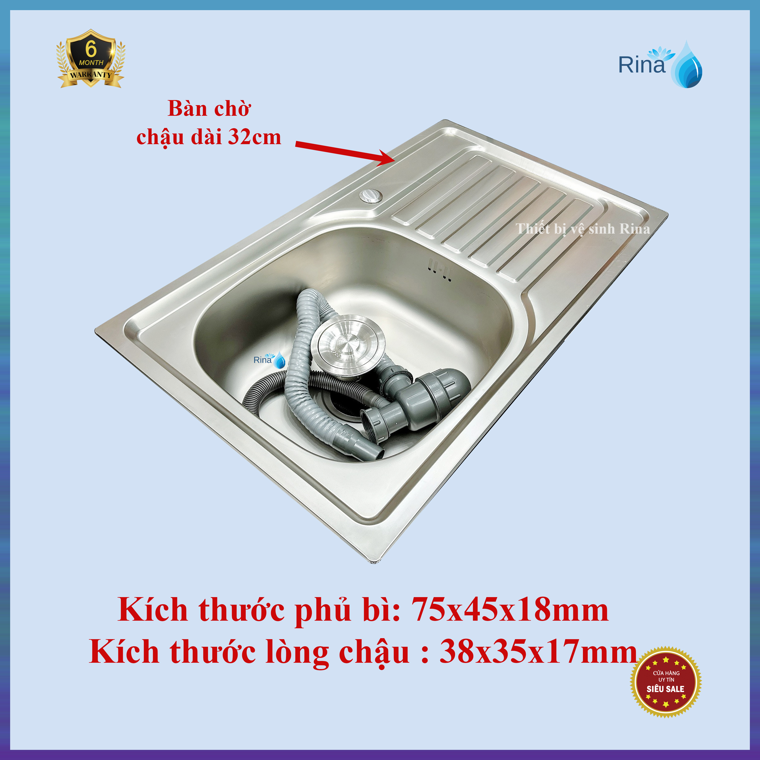 Bồn Rửa Chén Bát Inox 1 Hộc 1 Cánh Rina C08 KT 75x45cm Chậu Rửa Chén Inox 1 hố Kèm Vòi Rửa Chén Lạnh
