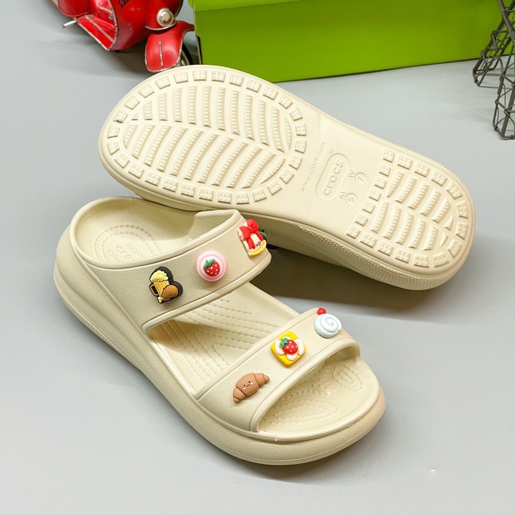 [ Mẫu Mới ] Dép Crocs 2 Quai Ngang Đế Cao 7cm Thời Trang Cho Nữ Tặng Sticker Ngẫu Nhiên