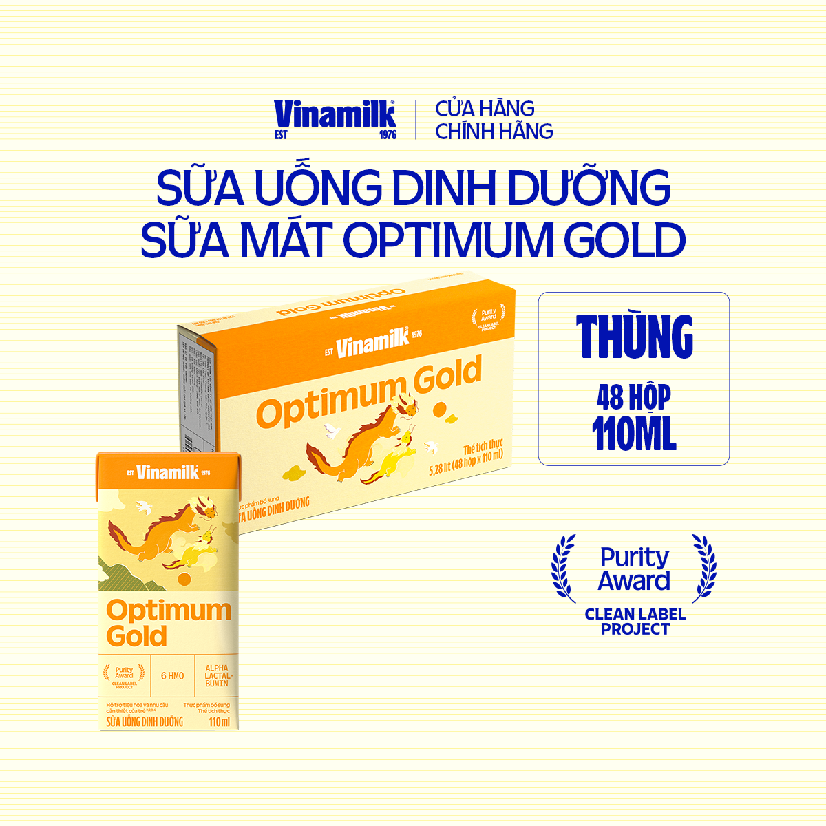 Thùng 48 hộp sữa bột pha sẵn Vinamilk Optimum Gold 110ml - Sữa nước hỗ trợ phát triển toàn diện chất