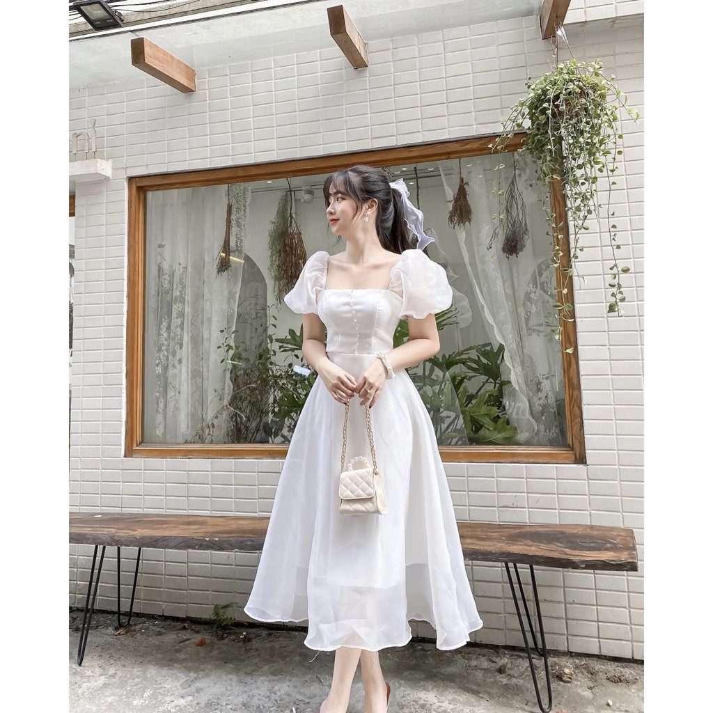 Váy trắng cổ vuông hở lưng thắt nơ tay bồng đầm công chúa sang trọng  xixeoshop  v119