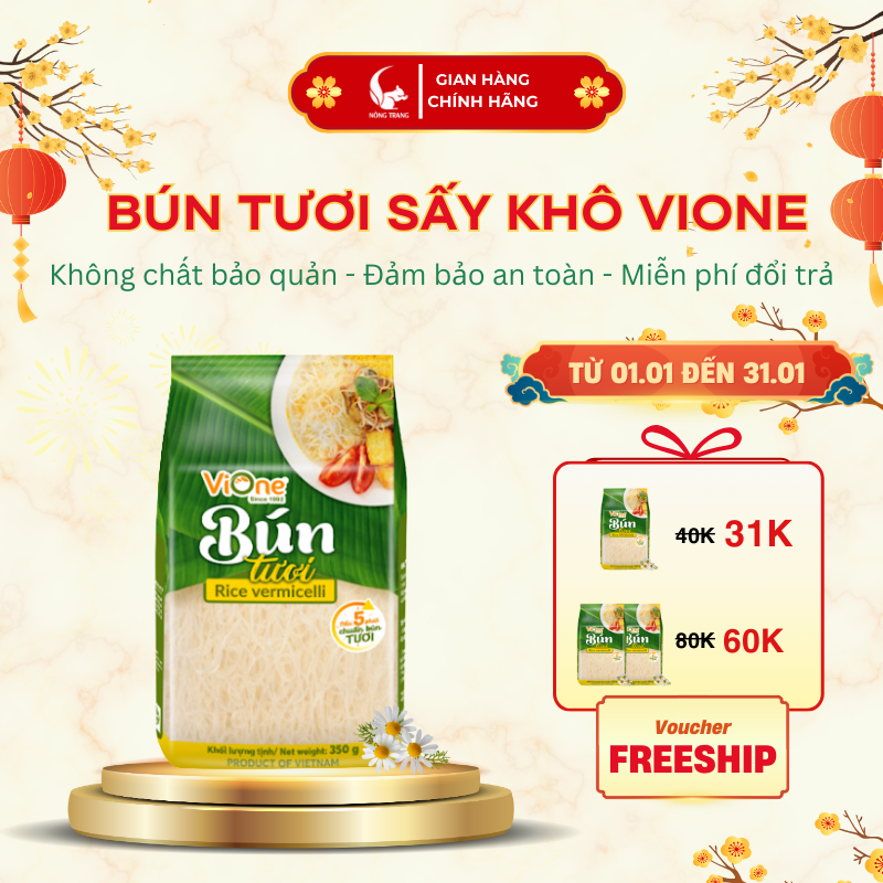 [ViOne] Bún Tươi Sấy Khô ViOne túi 350g - nấu 5 phút chuẩn bún tươi