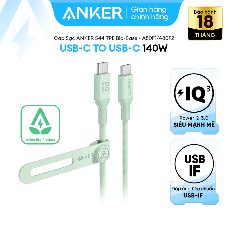 [Không SD iρhone 14 Trở Xuống] Cáp Sạc ANKER 544 chất liệu Bio-Based USB-C to USB-C - Dài 0.9m/1.8m 