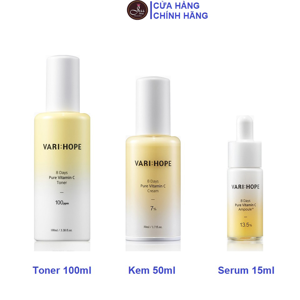 Bộ 3 Sản Phẩm Làm Sáng Da Mờ Thâm Nám Vari Hope 8 Days Pure Vitamin C (Toner 100Ml + Serum 15Ml + Kem Dưỡng 50Ml)