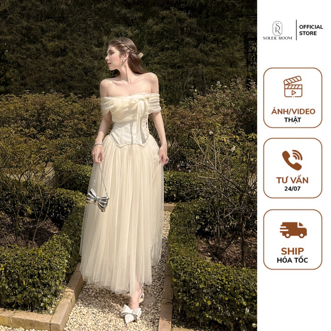 JULIETTE DRESS - Váy Đầm Thiết Kế Nữ Trễ Vai Dáng Dài Xòe Bồng Corset Tafta Gấm Phối Nơ Lưới Màu Trắ