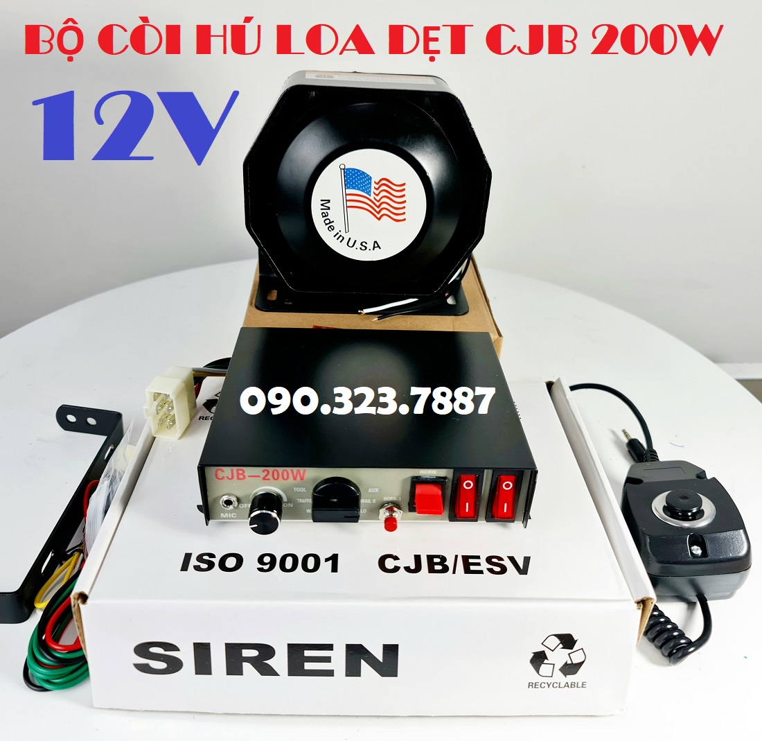 Bộ Còi Hú cho xe ưu tiên: CJB 200W + Loa dẹt (9 Chế Độ Âm Thanh 12V/24V) - Kèm Micro Cầm Tay. Cao cấ