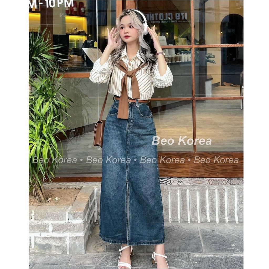 Chân váy jean dài cạp điều chỉnh độ rộng bụng phong cách váy jean dáng dài  cạp cao thanh lịch A14  Shopee Việt Nam
