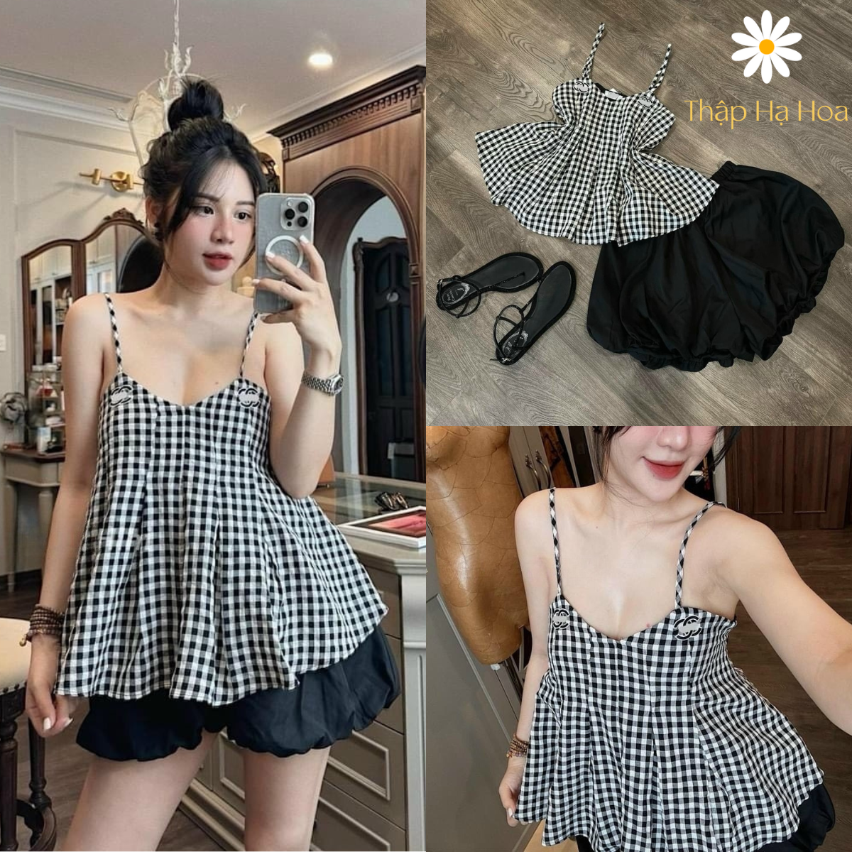 Set đồ nữ áo 2 dây kẻ caro kèm quần bí ngô set áo babydoll chân váy phồng TS26