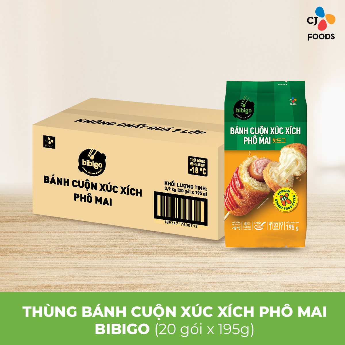 [HCM-HN] Thùng 20 gói Bánh cuộn xúc xích phô mai Bibigo Hotdog (3 cây x 20 gói)