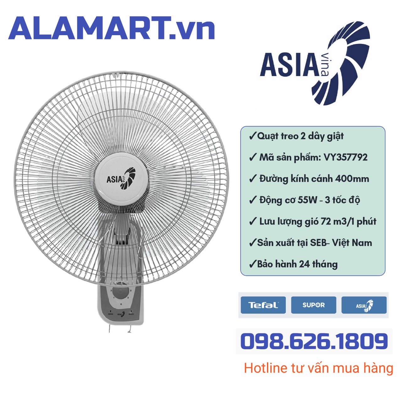 Quạt treo tường 2 dây Asia Vina 55W VY357790-Màu Xám