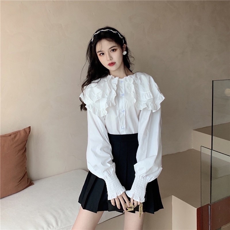 [Hoàn tiền 25%] Áo Sơ mi Cổ Bèo Tay Phồng Tiểu Thư Tay Bo chun mầu trắng babydoll ulzzang mềm nội y 