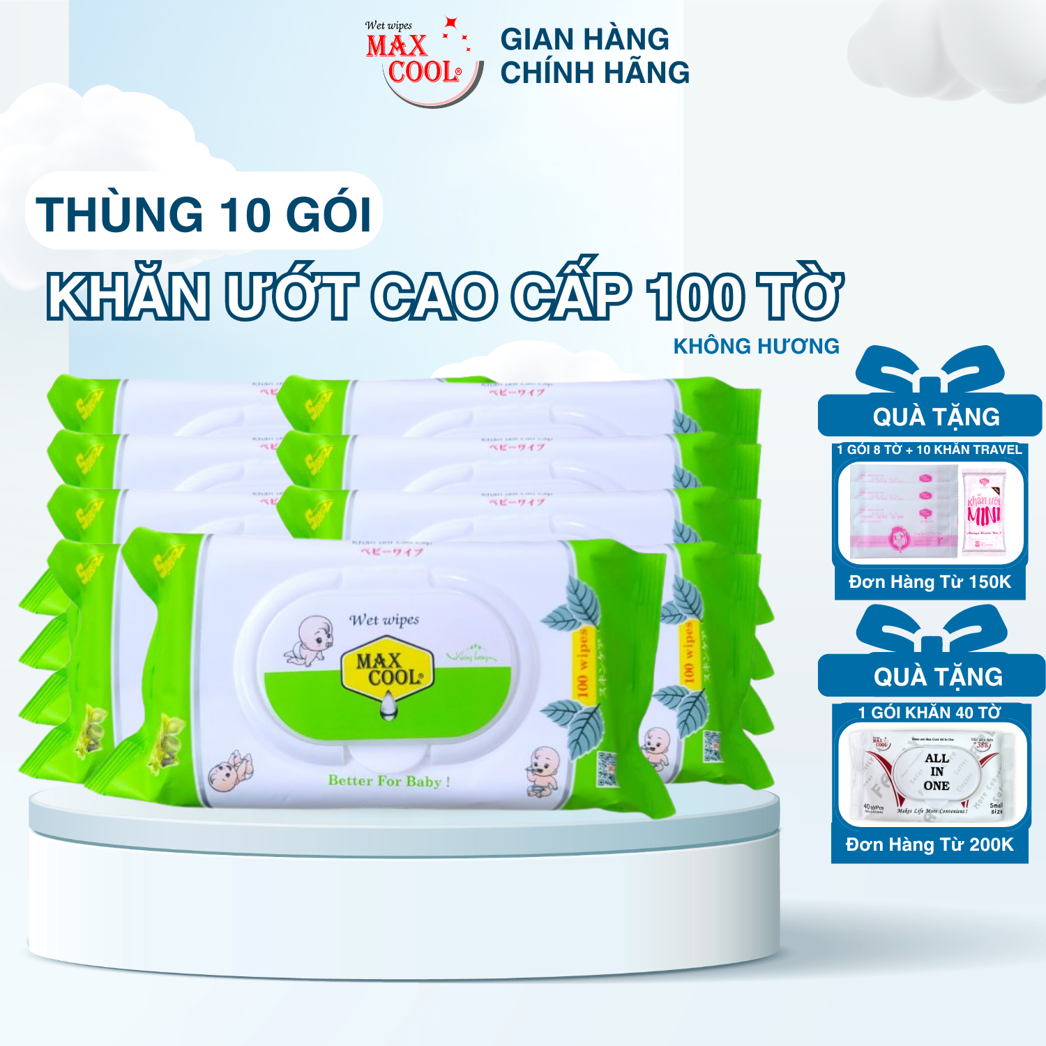 Thùng 10 gói khăn giấy ướt Max Cool 100 tờ không hương - Hàng chính hãng an toàn cho bé