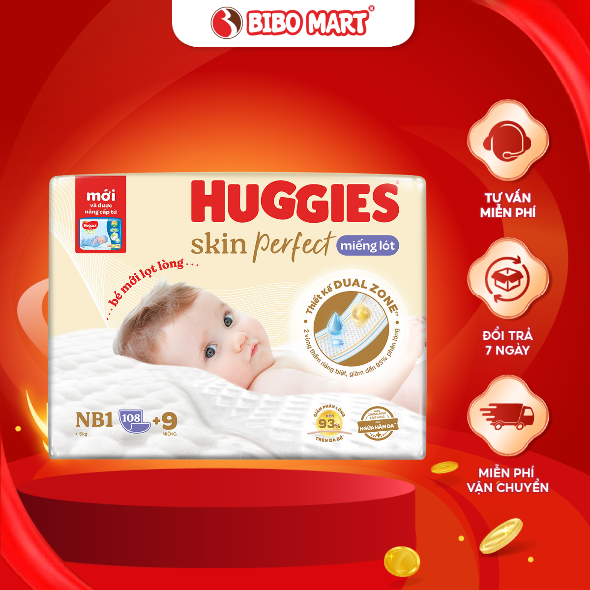 Miếng Lót Sơ Sinh Huggies Skin Perfect Thấm Hút Nhanh Giảm Kích Ứng Da Size NB1 108 Miếng Cho Bé Dưới 5kg - Bibo Mart