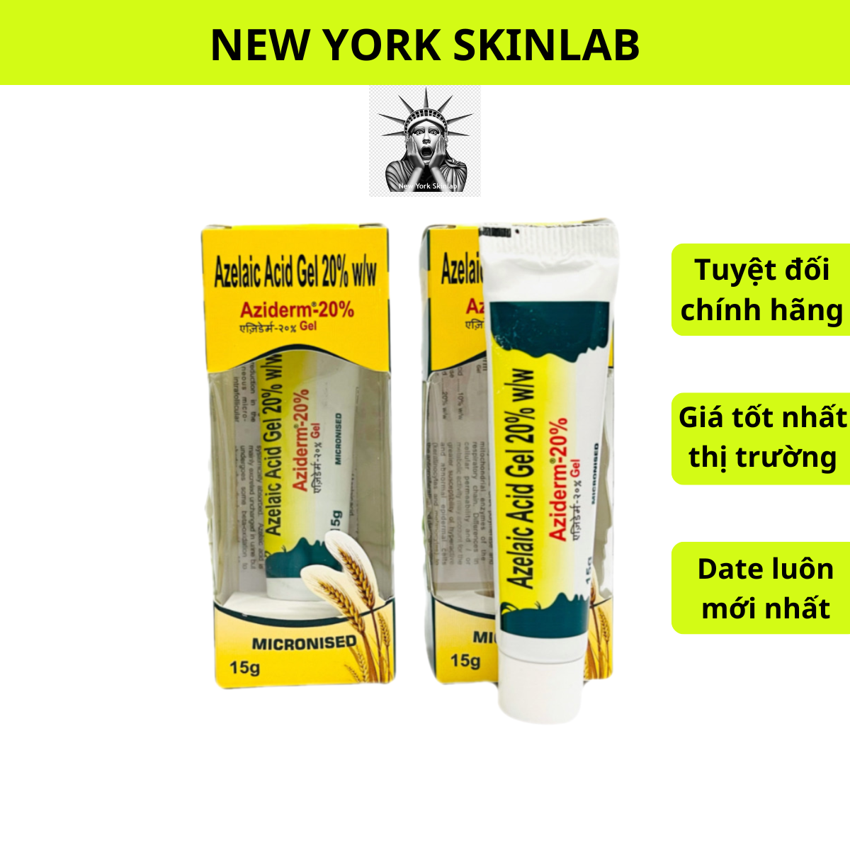 Aziderm gel (15g) - 20% azelaic acid mờ thâm nhanh loại bỏ mụn hết thâm đỏ (ezanic skinoren azclear)