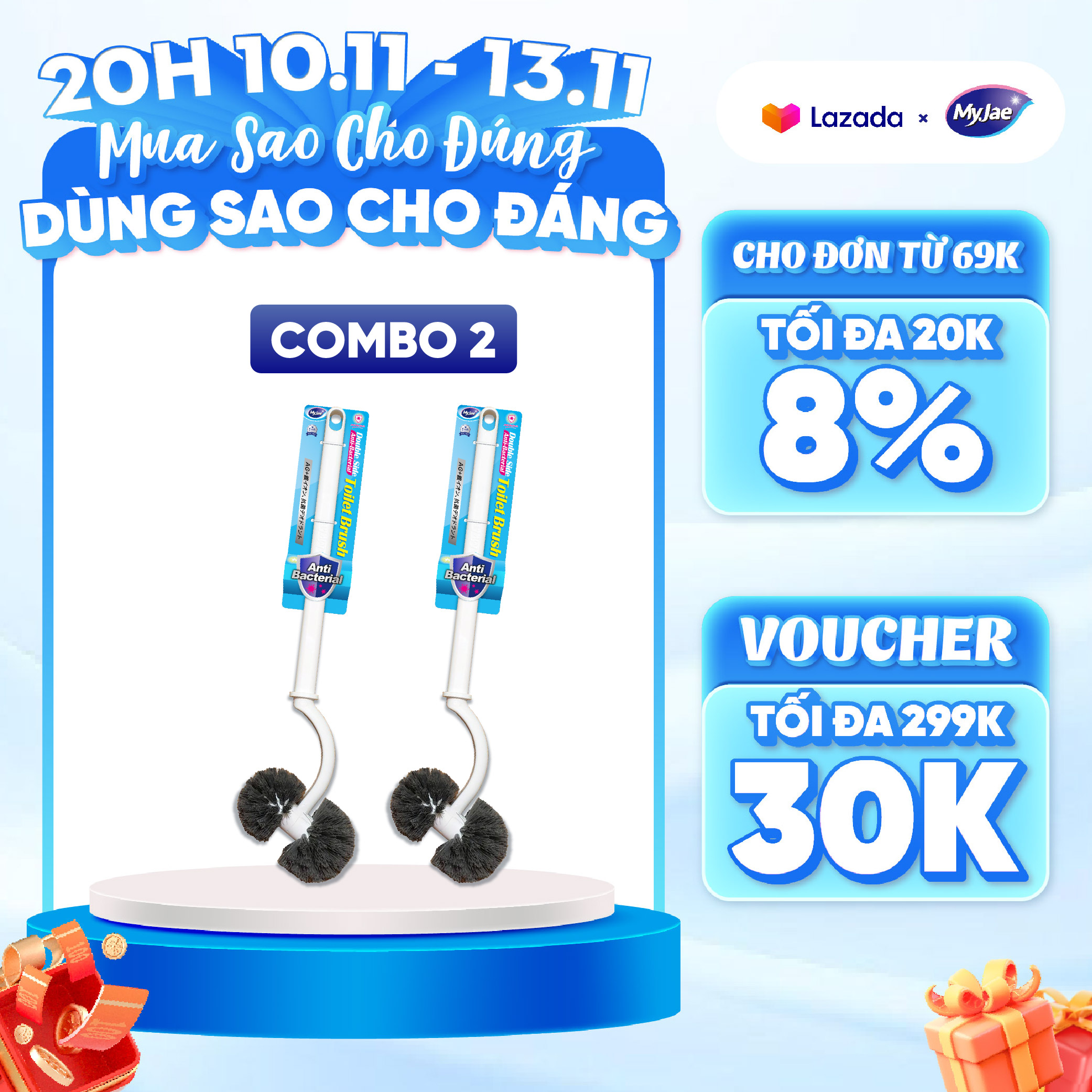 Combo 2 Cây Chà Bồn Cầu MyJae Cọ Chà Toilet  Loại  2 Đầu Tròn Kháng Khuẩn 45cm