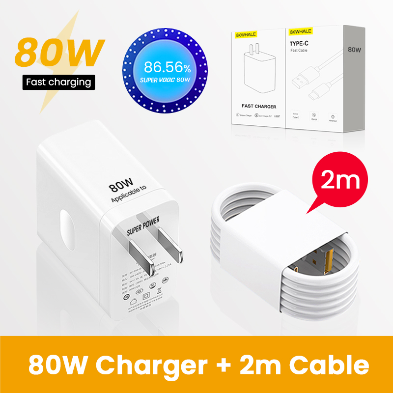 BKWHALE 80W SUPER VOOC Củ sạc USB Bộ sạc nhanh 7A Cáp Type C cho RENO 8 9 10 Pro + Find X6