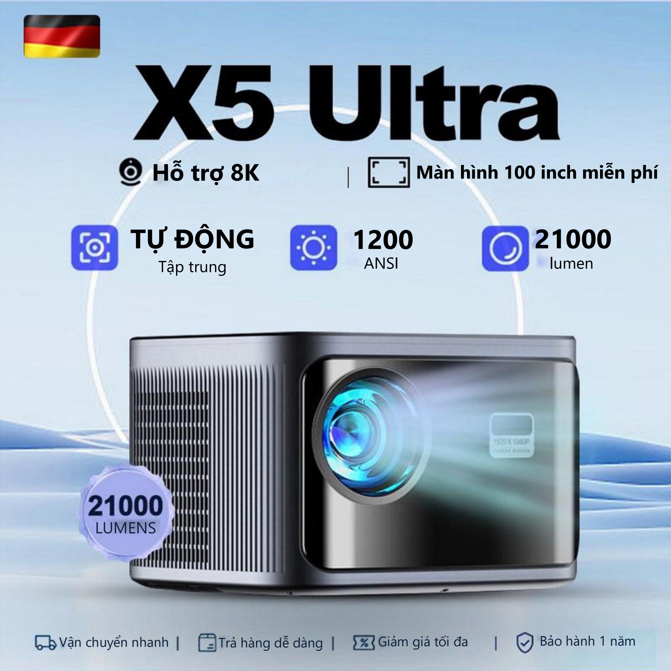 【 1920P 8K HD】 FINTEX LT5 Ultra 8K 1500 ANSI 25000Lumens AutoFocus Projector 2 + 32G Bộ nhớ Android