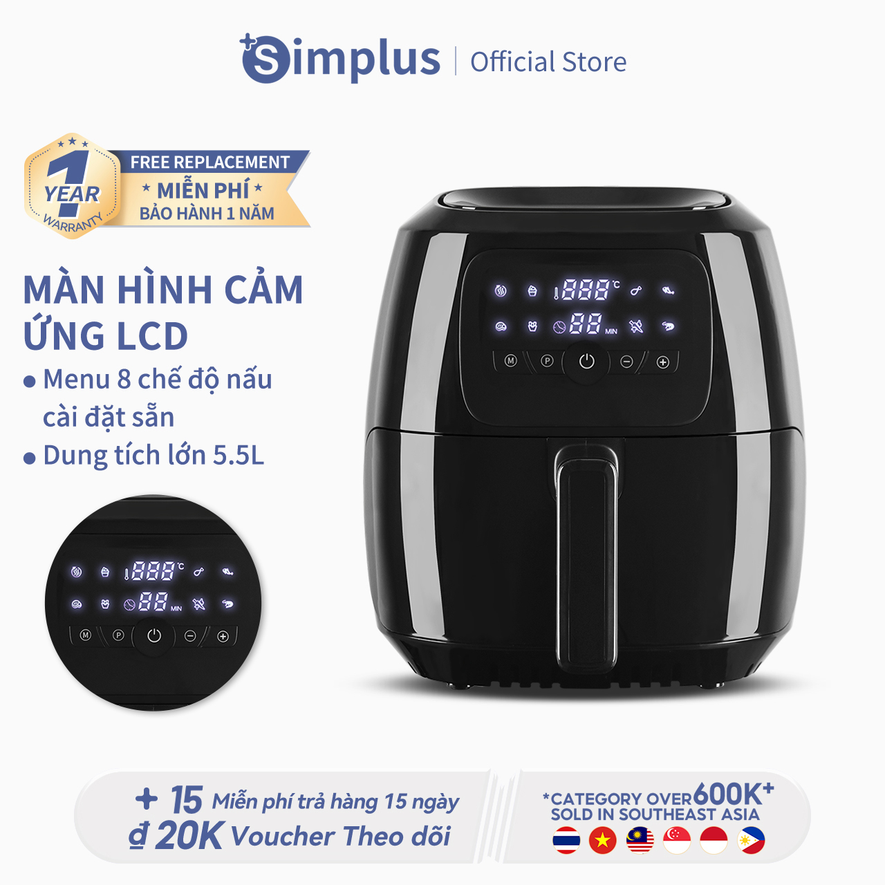 Simplus Nồi chiên không dầu công suất lớn màn hình điều kiển cảm ứng  5L  Phù hợp cho cả gia đình Nồ