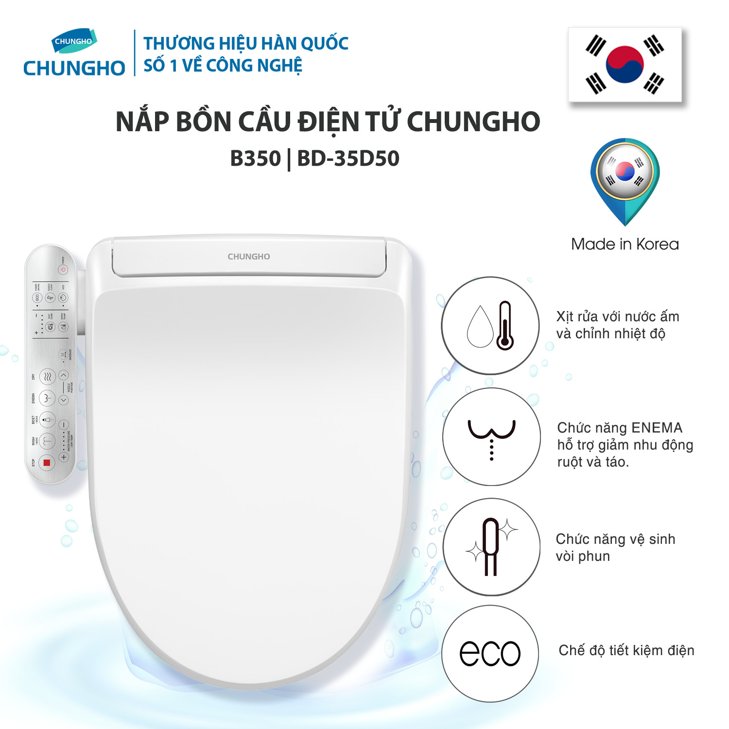 Nắp Bồn Cầu Điện Tử ChungHo B350 Plus lắp cho bồn cầu elip ovan (MIỄN PHÍ LẮP ĐẶT HÀ NỘI & HCM) Sưởi