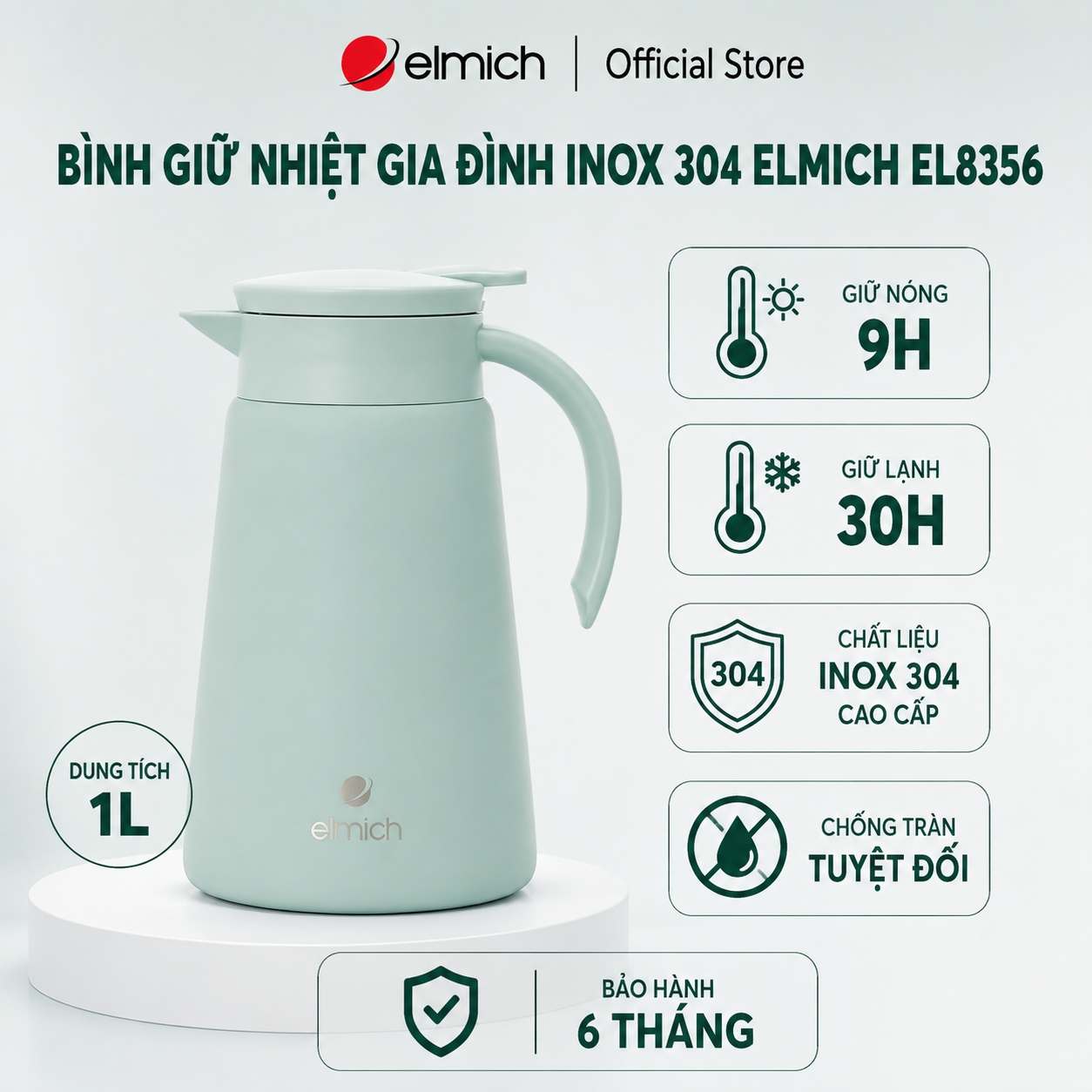 Bình giữ nhiệt gia đình 1L Elmich EL8356, Inox 304, Nắp chống tràn