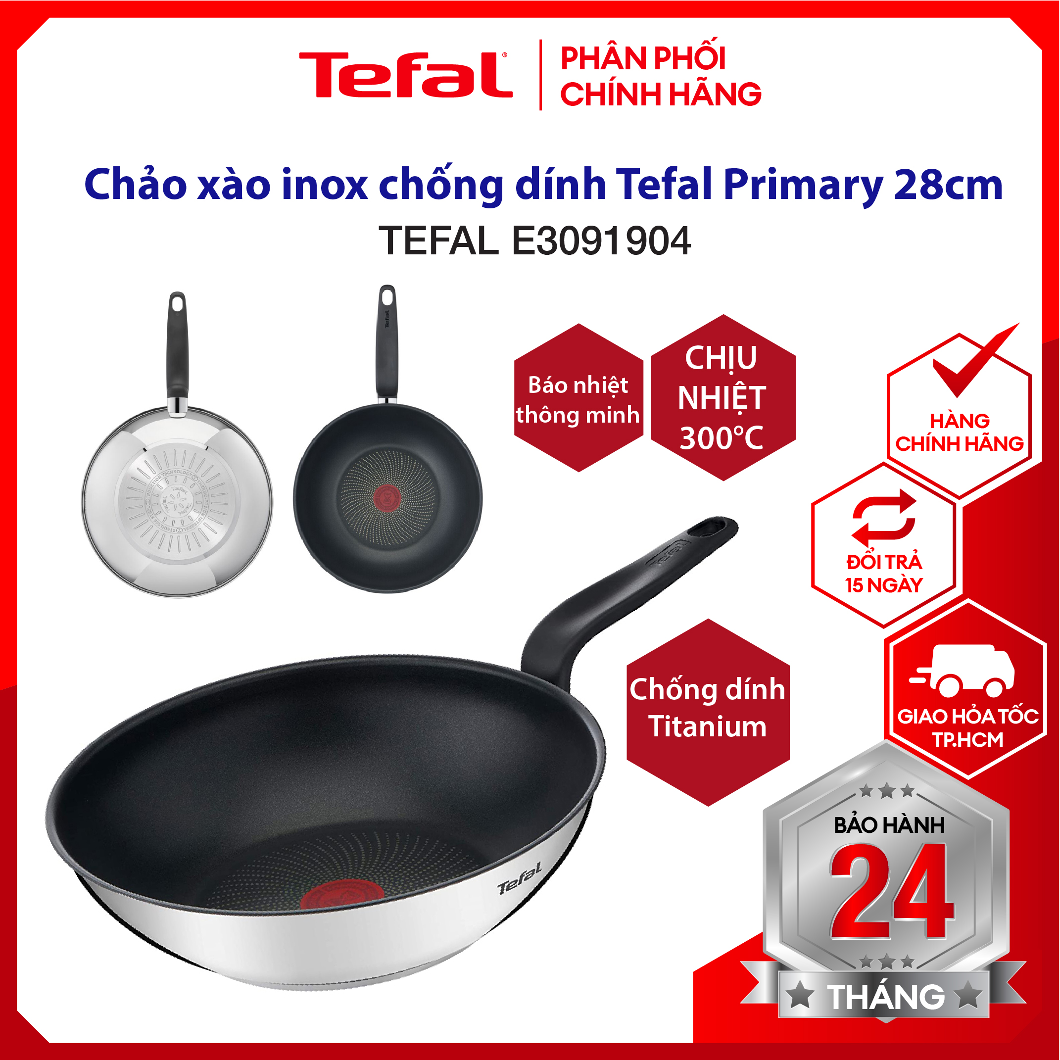 |HỎA TỐC 2H| Chảo chiên inox chống dính Tefal Primary nhiều size: 20 -24 - 26 - 28 hàng chính hãng