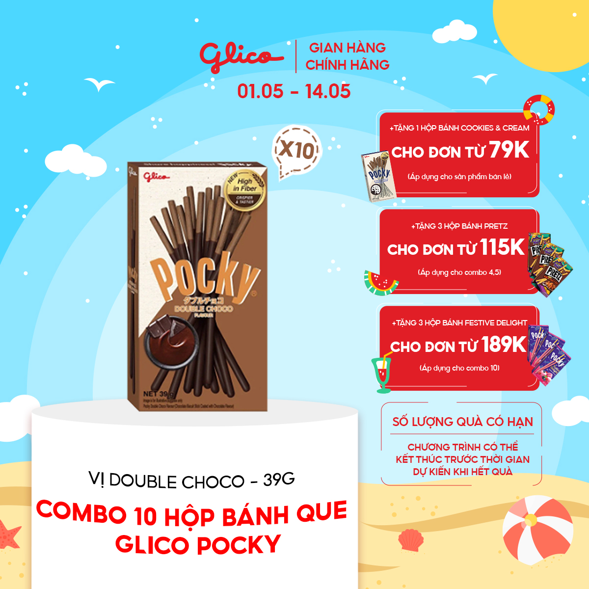Combo 10 Hộp Bánh Que Socola Glico Pocky Double Choco 39G