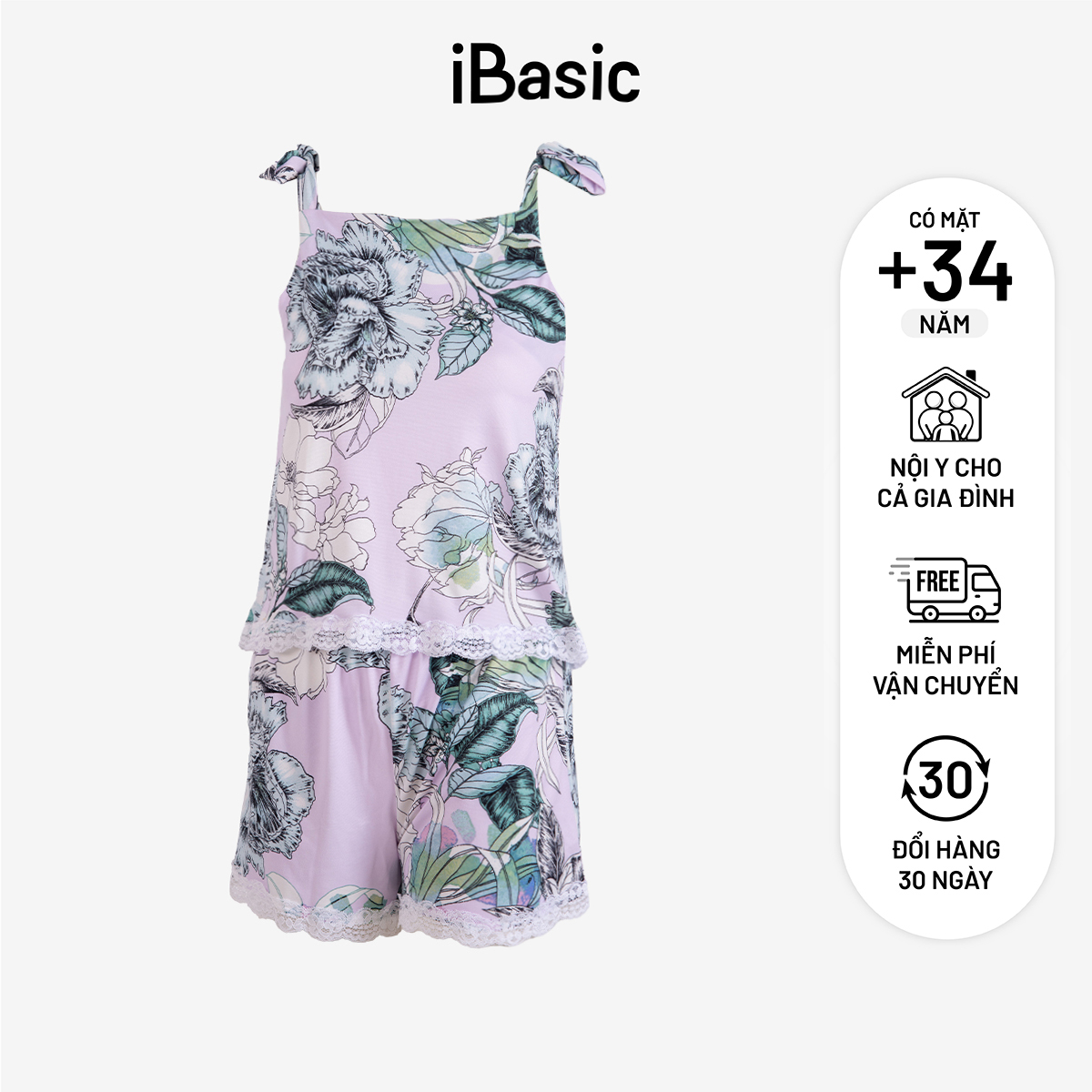 Đồ bộ đồ mặc nhà nữ iBasic thun lạnh quần đùi hai dây hoạ tiết HOMY047