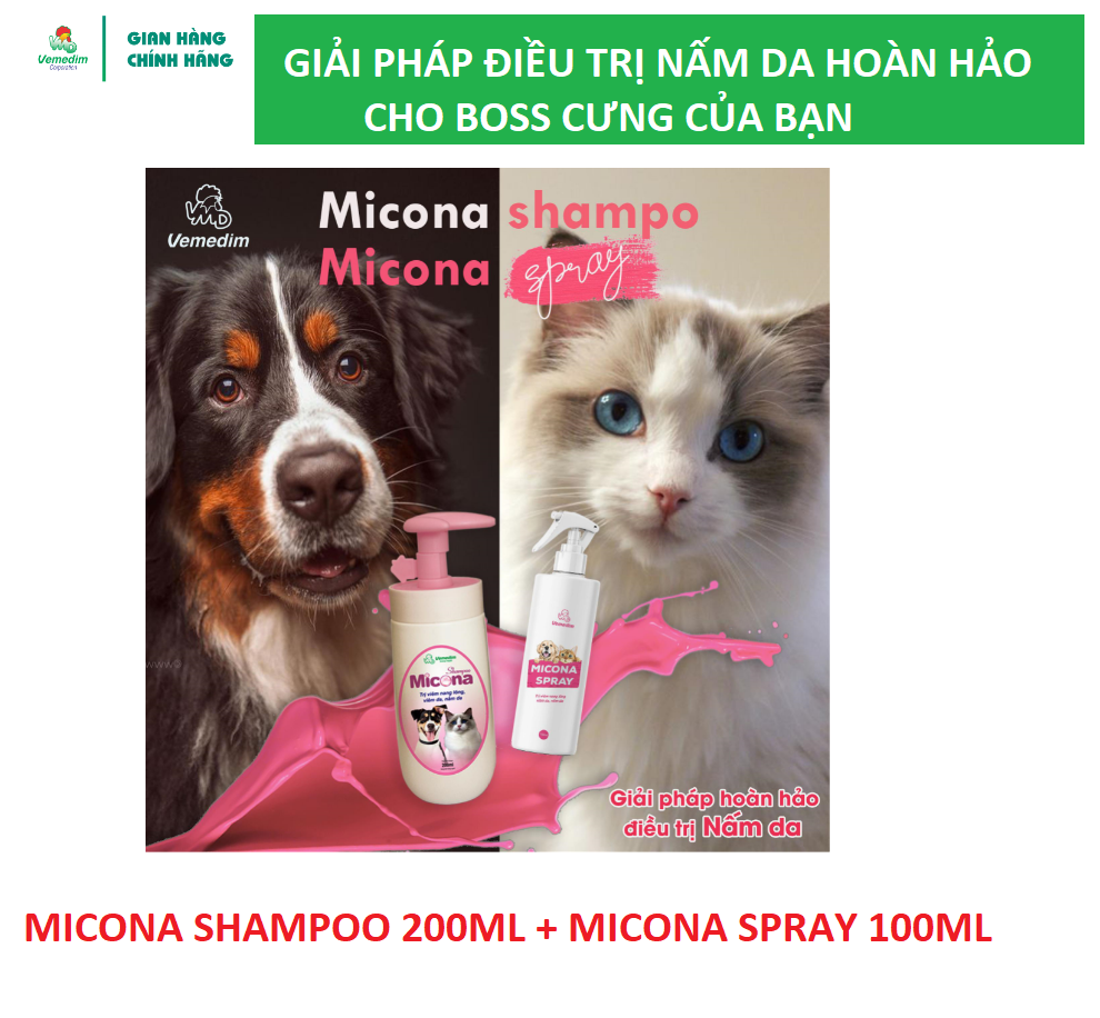 "Hoàn tiền đến 10%" Combo Micona shampo sữa tắm trị nấm cho chó mèo và Micona Spray xịt trị nấm da c