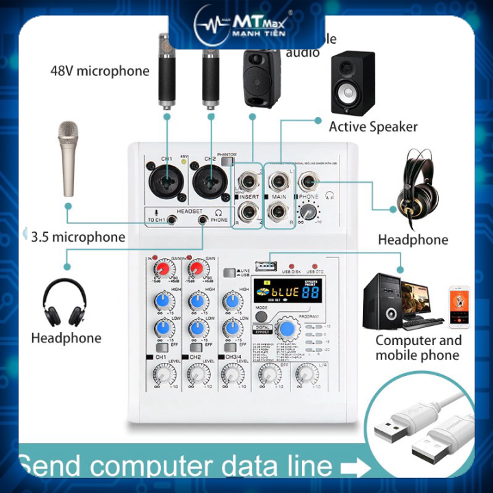 MIXER E4 Bluetooth-Mixer Karaoke Livetream Thu Âm Chuyên Nghiệp Tích Hợp 88 Hiệu Ứng Reverb 2 Cổng M