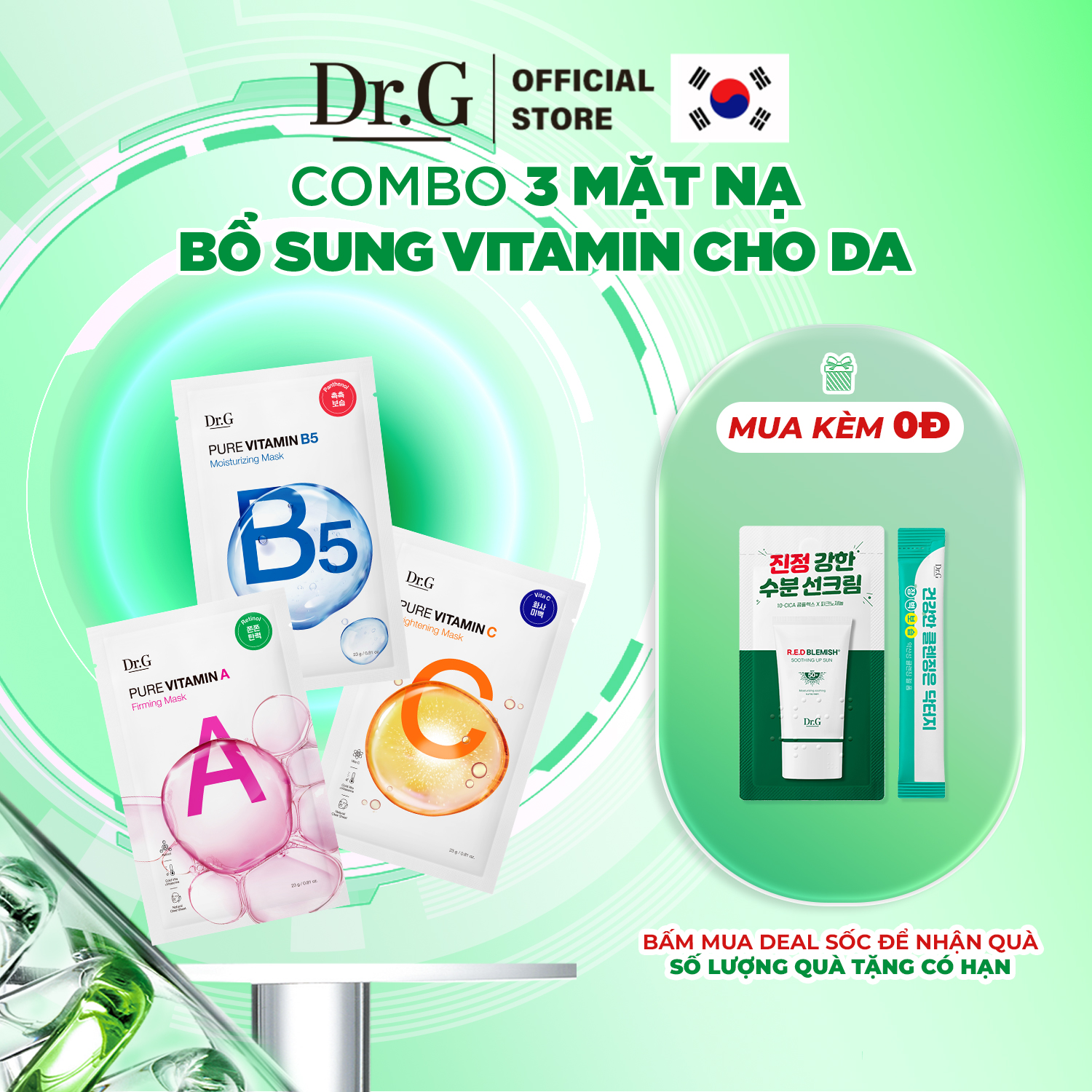 Combo 3 Mặt nạ giấy Pure Vitamin B5 Moisturizing + Dr.G Mặt nạ Pure Vitamin C Brightening + Dr.G Mặt nạ Pure Vitamin A