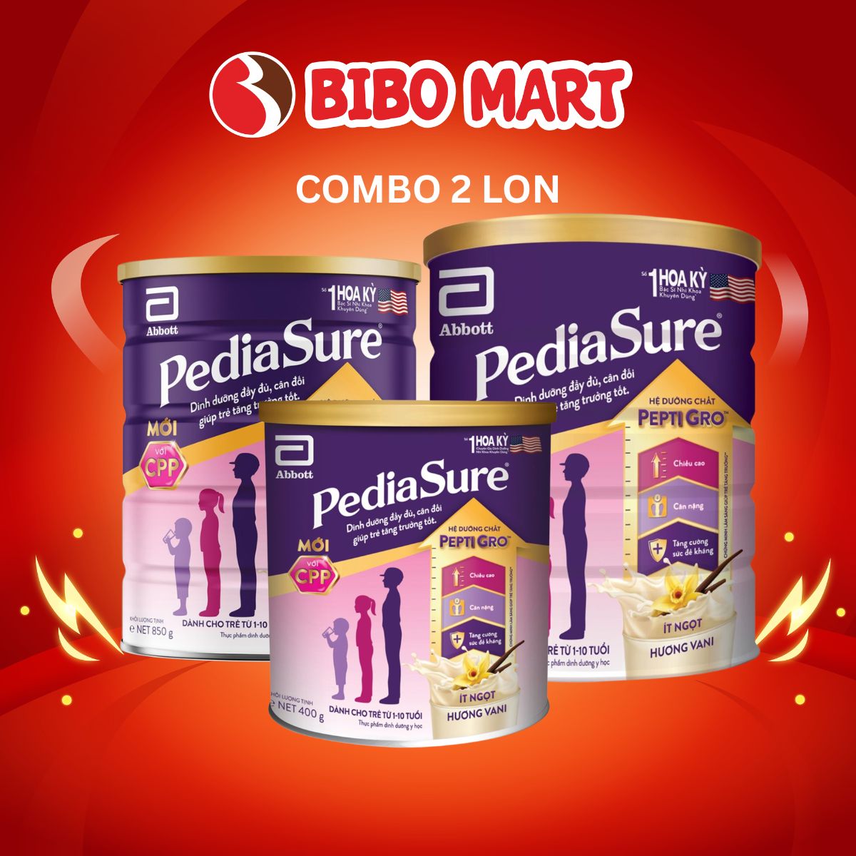 Combo 2 Lon Sữa PediaSure Hương Vani 400G/850G/1.6KG Tăng Đề Kháng Tăng Cân Phát Triển Trí Não Cho Bé 1 - 10 tuổi (Giao Mẫu Ngẫu Nhiên) - Bibo Mart