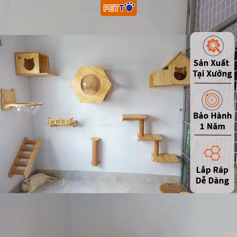 Nhà cho mèo treo tường PETTO nhà mèo mô hình leo trèo ĐỘC ĐÁO nhiều kiểu dáng kèm nhiều đồ chơi GIẢM