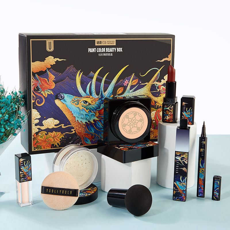 [HCM]7 in 1 Makeup Set Mysterious Deer Cosmetic set Gift Box Mushroom Puff Foundation Liquid Makeup Powder Mascara Eyeliner Concealer Lipstick Set Makeup Cosmetic Basic Set women Complete full makeup kit