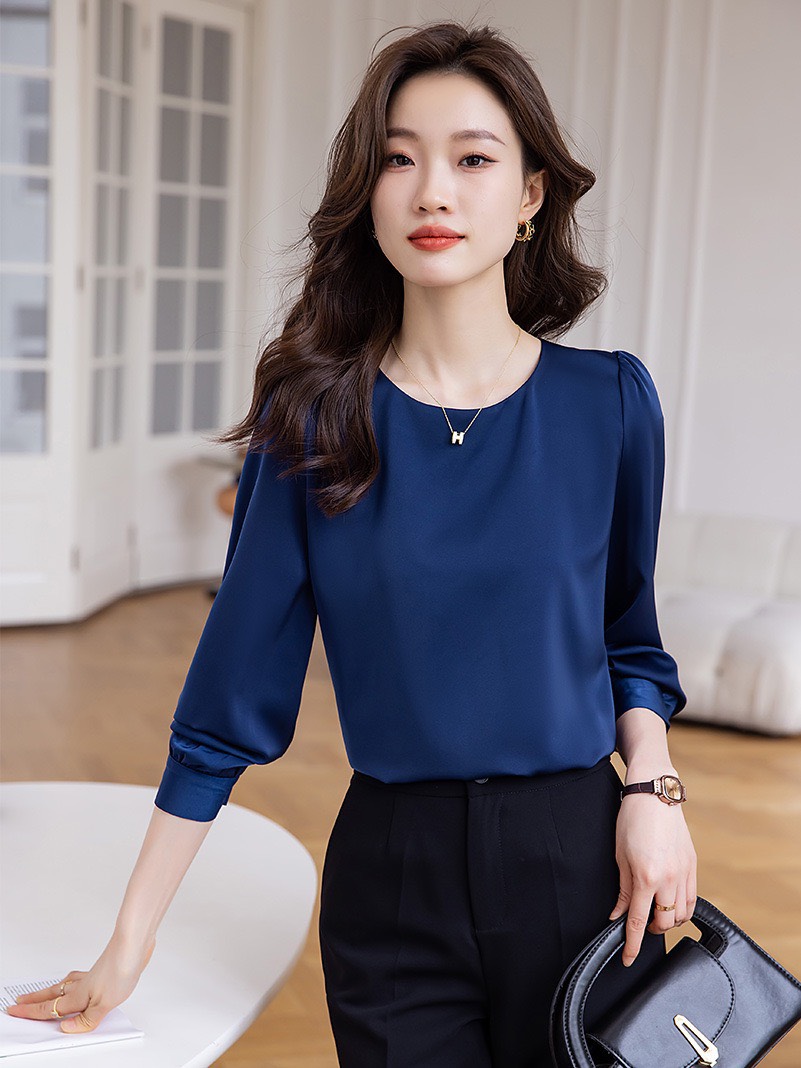 Áo Sơ Mi trung niên nữ U30 U40 U50 Áo Sơ Mi Nữ Cổ Thuyền Tay Dài Vai Bồng Chất Lụa Cao Cấp HT_ Thời 