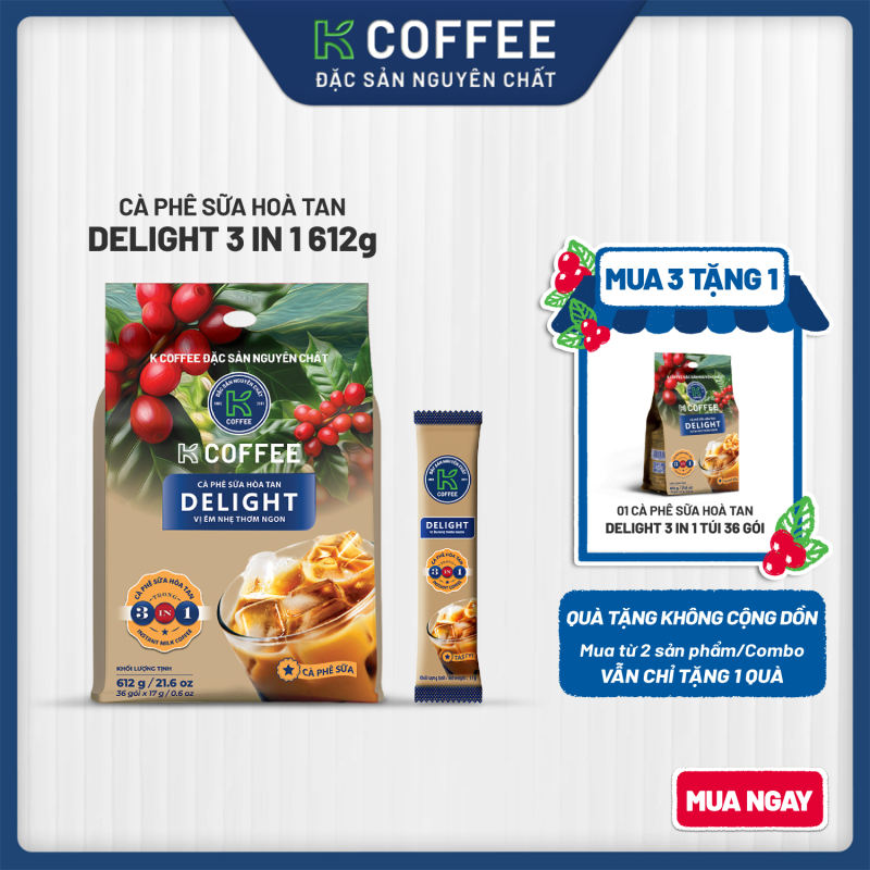 Cà phê sữa hòa tan K Coffee Delight 3in1 612g Túi 36 gói [Combo 3 tặng 1]