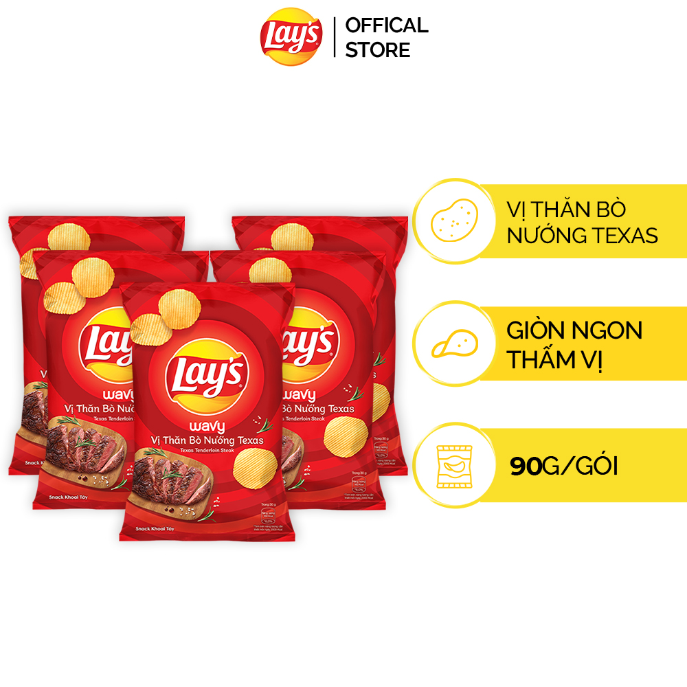 Combo 5 gói Snack Khoai Tây Lay’s Wavy Vị Thăn Bò Nướng Texas (5 x 90g/gói)