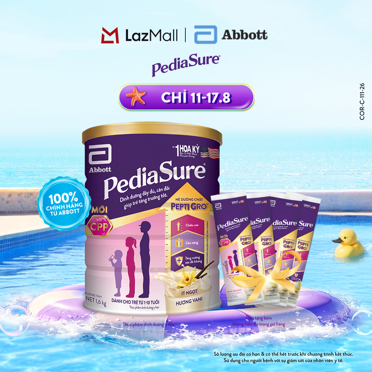 [CHỈ 11-17.8 GIÁ TỐT MUA NGAY-SLCH] [Tặng 04 gói dùng thử] 1 lon PediaSure 1-10 tuổi dạng bột hương Vani 1.6kg