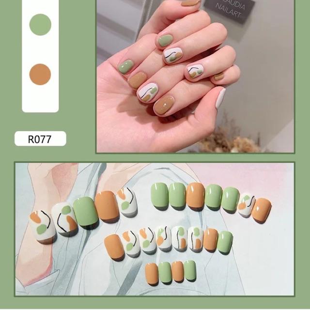 Móng Giả Kèm Keo Lcr077 Xanh Nâu Họa Tiết - Nails 24 Móng Tay Giả Giá Rẻ Tự Làm Nail Tại Nhà [Hà Nội]