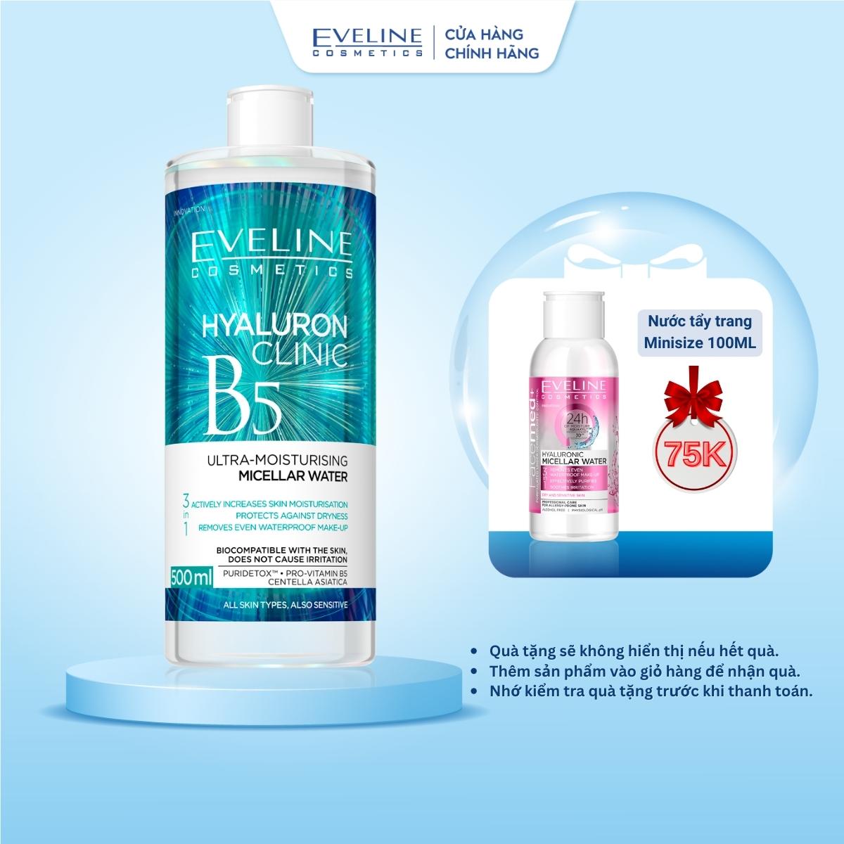 Nước tẩy trang Eveline Hyaluron Clinic B5 dưỡng ẩm 3 trong 1 500ml