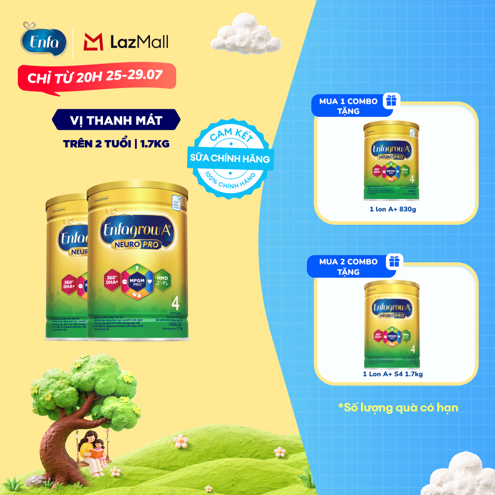 [TỪ 20H 07/08-10/08 MUA LÀ CÓ QUÀ] Bộ 2 lon sữa bột Enfagrow A+ Neuropro 4 với DHA giúp phát triển não bộ cho trẻ từ 2-6 tuổi - 1.7kg/lon