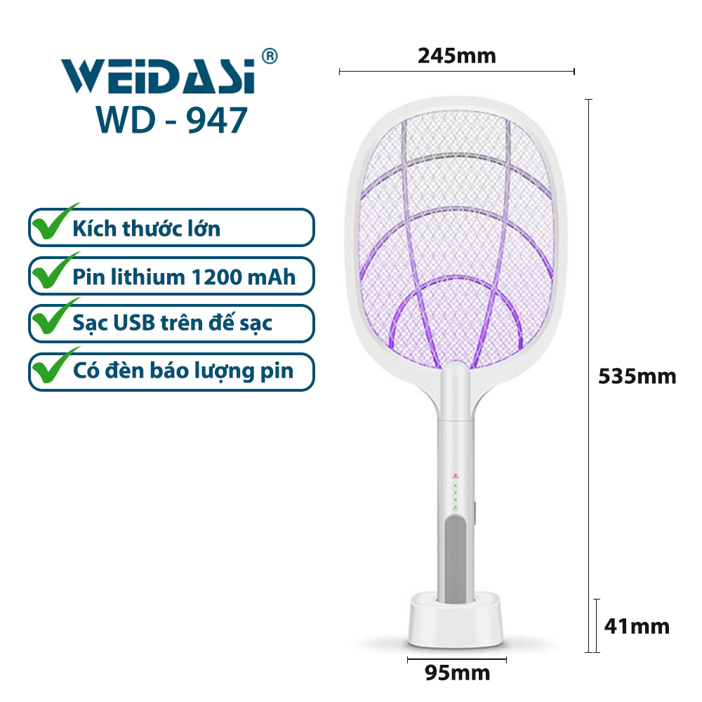 Vợt Muỗi kiêm Đèn Bắt Muỗi 2 trong 1 Weidasi WD955 - Pin Sạc Cao Cấp 1200 mAh